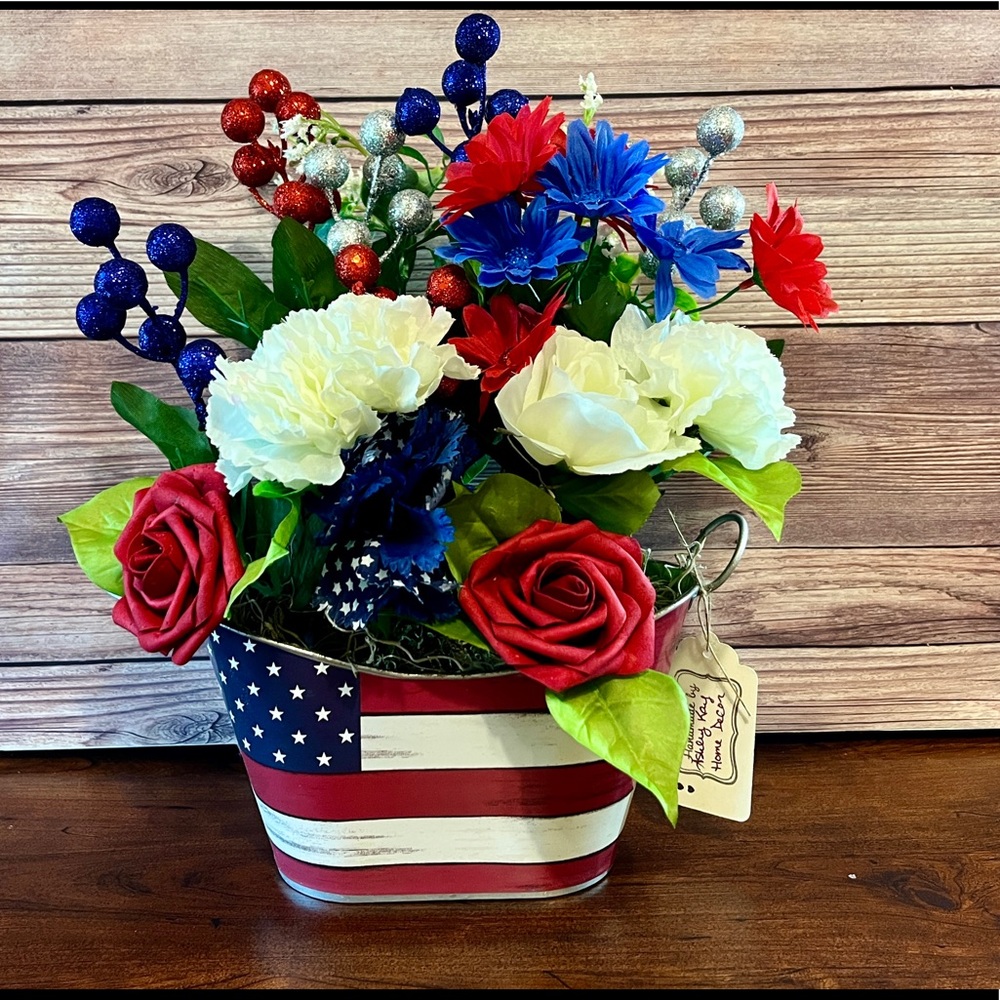 NEW!! 4th of July Bouquet in American Flag Painted Galvanized Flower Pot